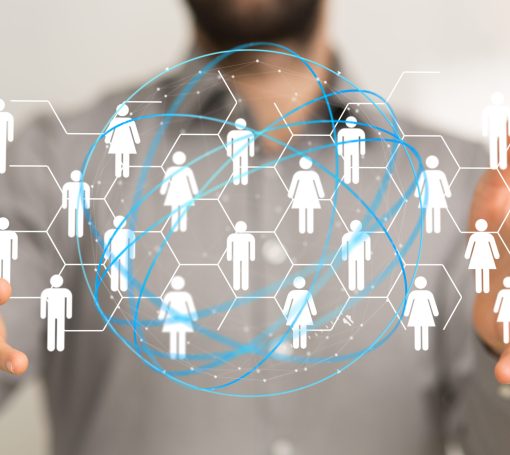 A digital illustration of the network and data concept in the hands in 3D